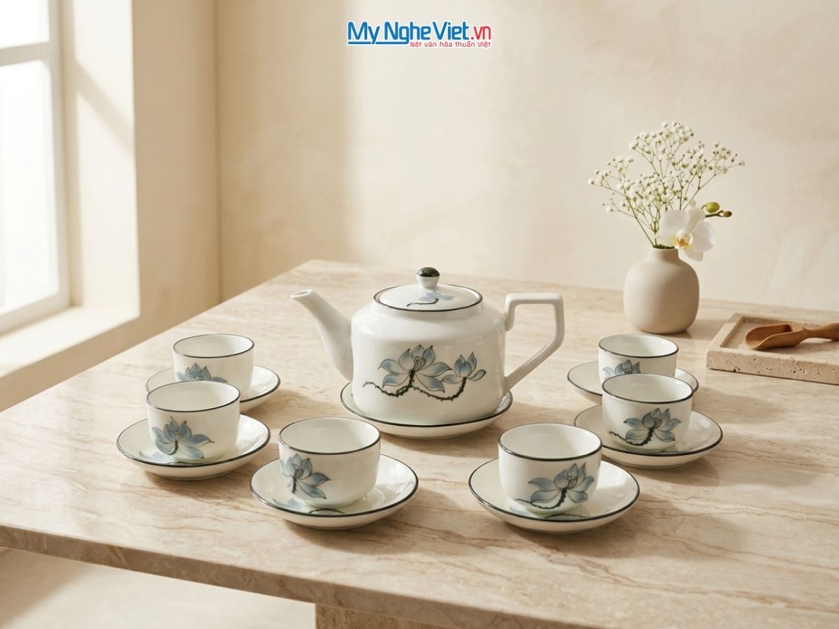 Bộ Bình Trà Men Kem Dáng Vuông Vẽ Sen MNV-TS529-1