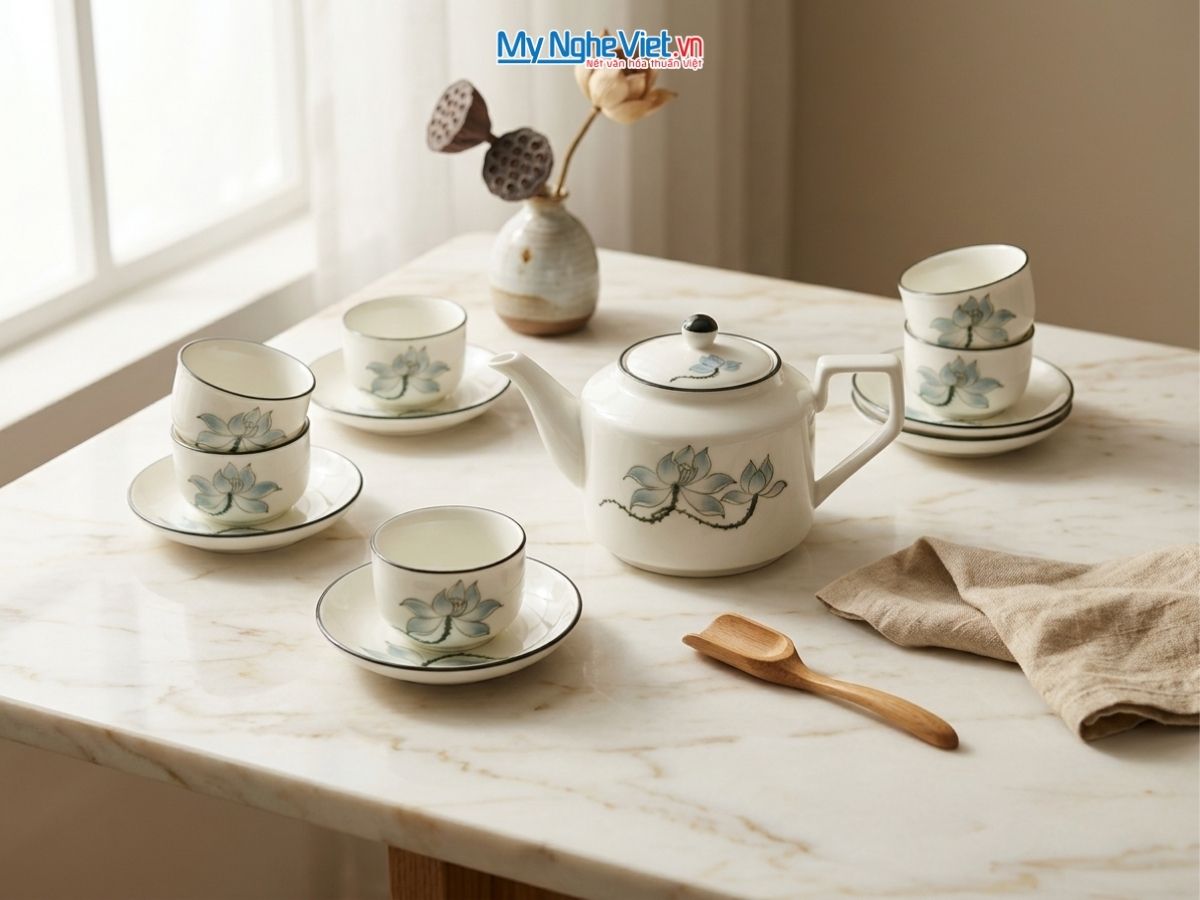 Bộ Bình Trà Men Kem Dáng Vuông Vẽ Sen MNV-TS529-1
