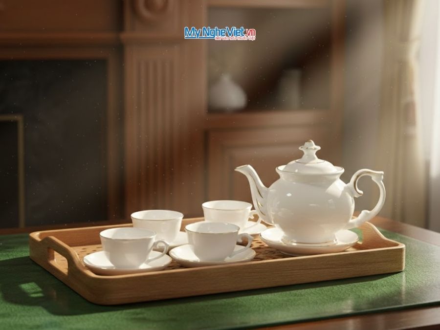 Bộ Bình Trà Cát Tường Men Trắng MNV-BT001-3-2