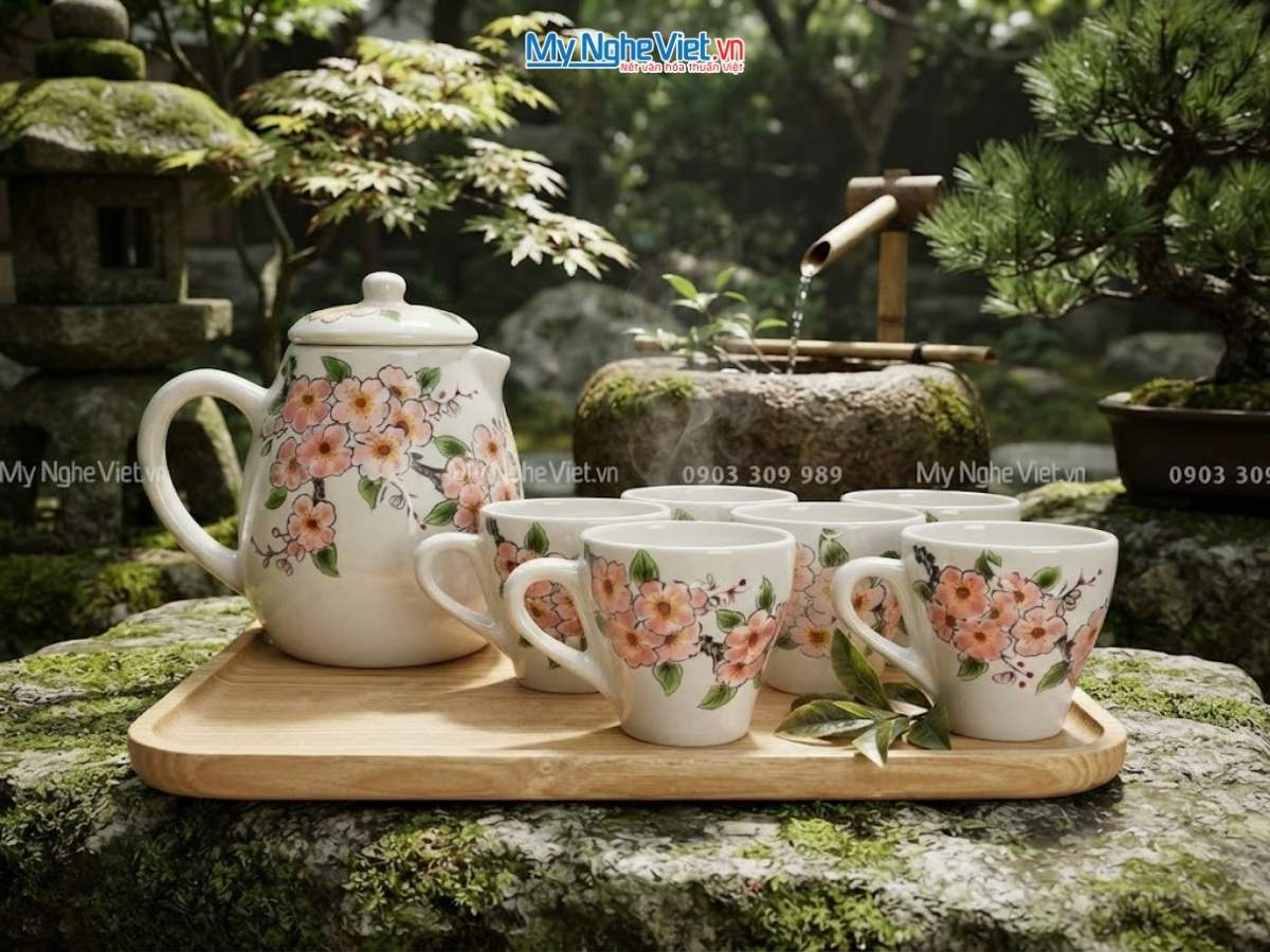 Bộ Bình Trà Men Trắng Vẽ Tay Hoa Đào Kèm Khay Gỗ HBT06-3