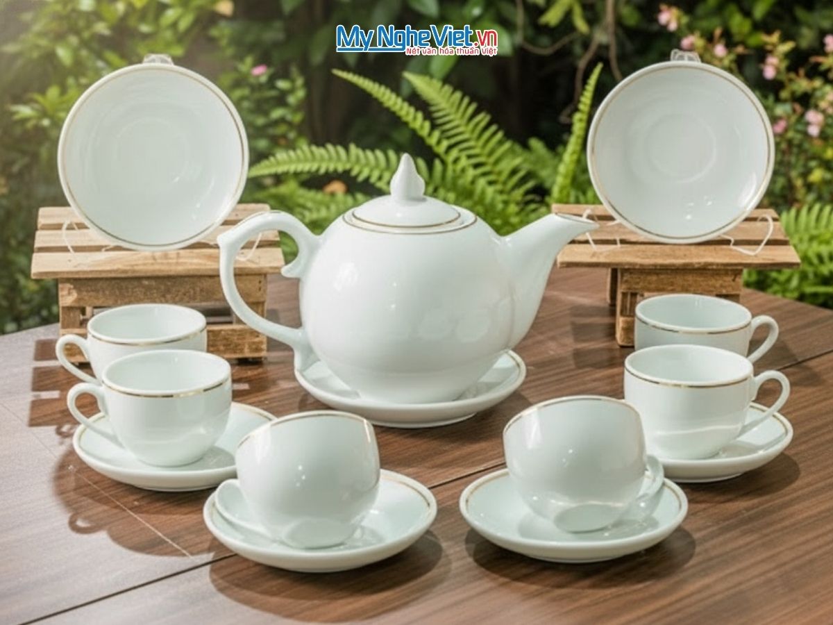 Bộ bình trà men trắng dáng mẫu đơn viền chỉ vàng kim 550ml BT001-7.2