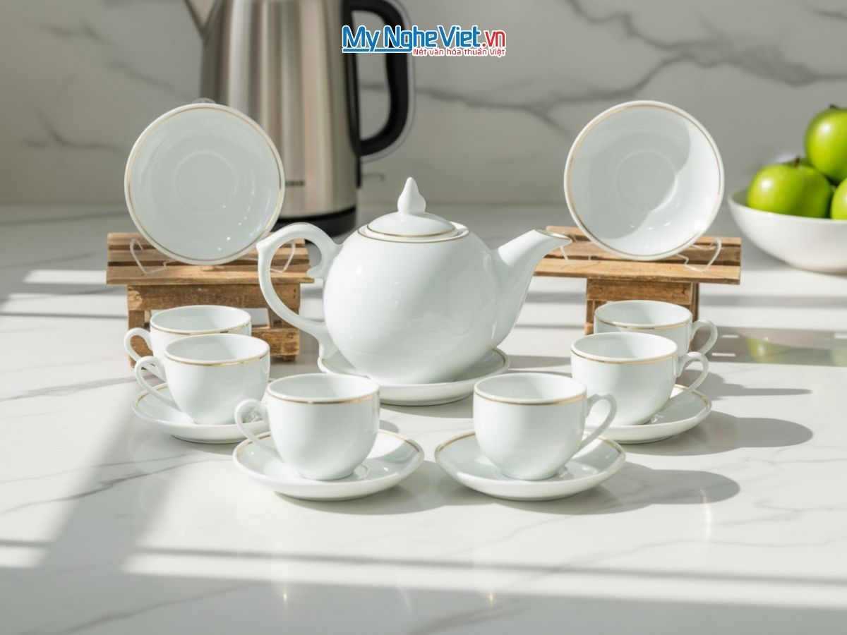 Bộ bình trà mẫu đơn men trắng chỉ vàng kim kỹ BT001-7.2