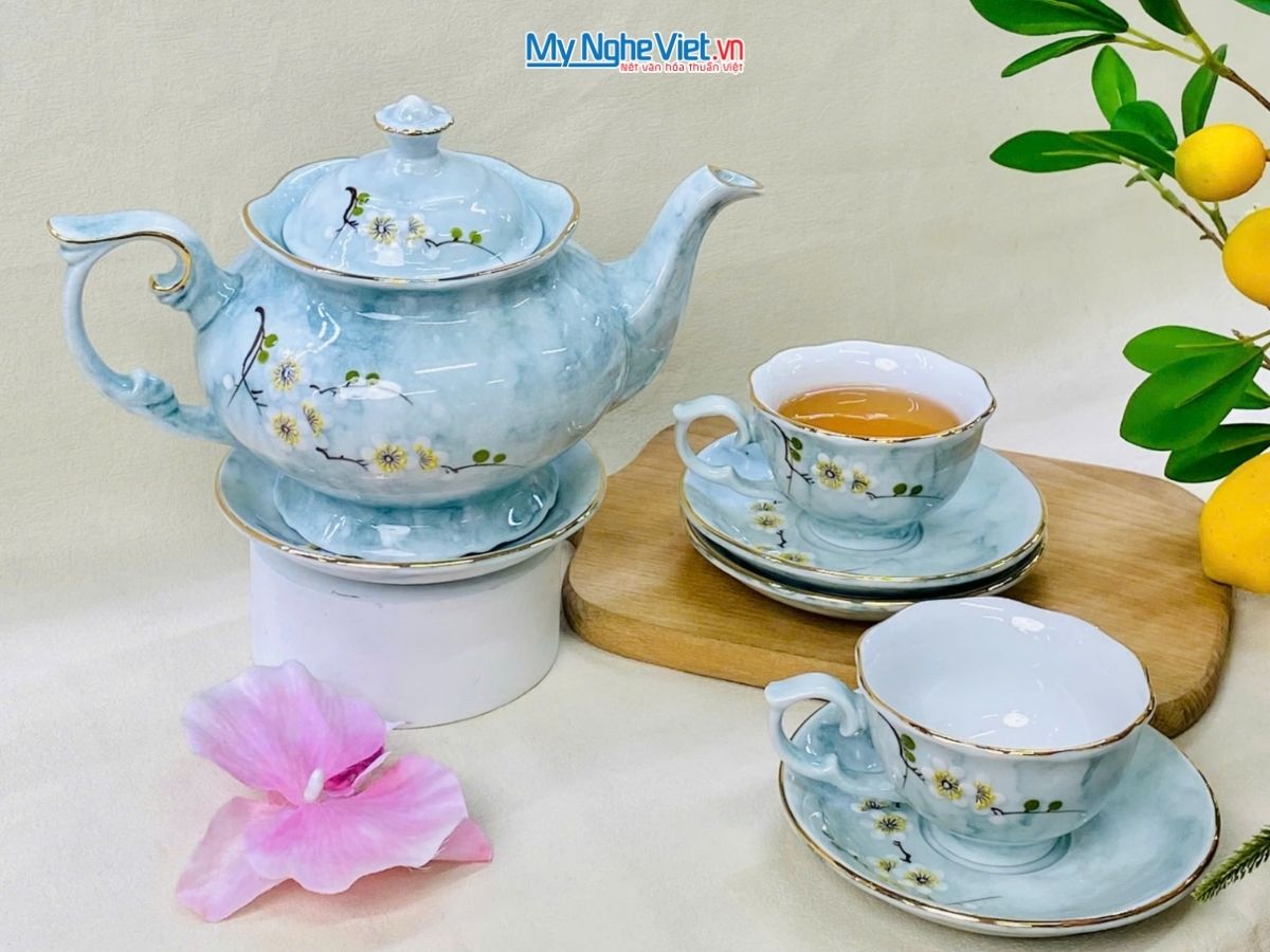 Bộ Bình Trà Dáng Queen Vẽ Hoa Cao Cấp 900ml MNV-BTV15.1