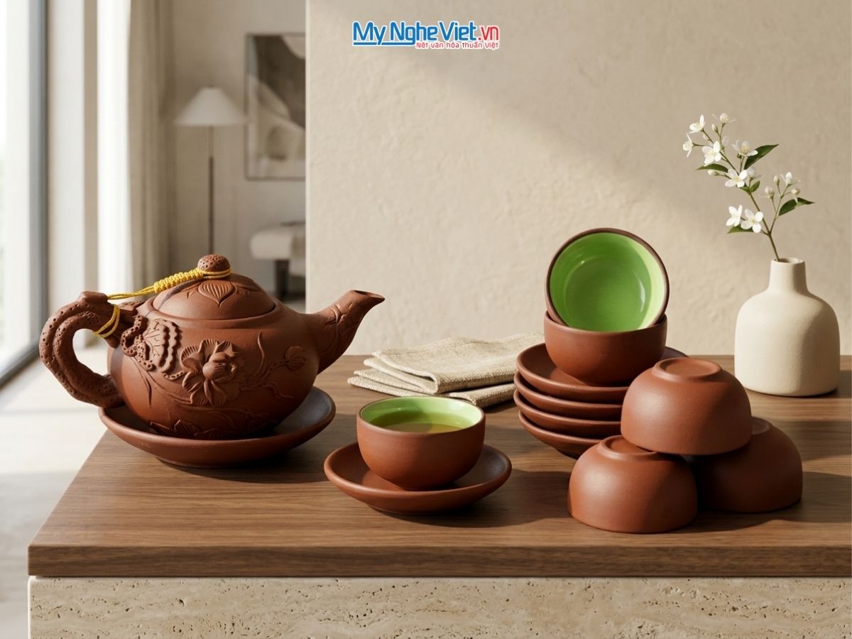 Bộ Bình Trà Tử Sa Hoa Sen Đắp Nổi MNV-BTTS15