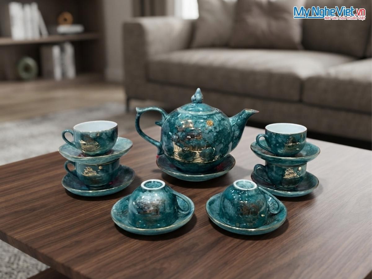 Bộ bình trà dáng men vân đá dáng bưởi vẽ vàng kim thuận buồm xuôi gió VBT12/14