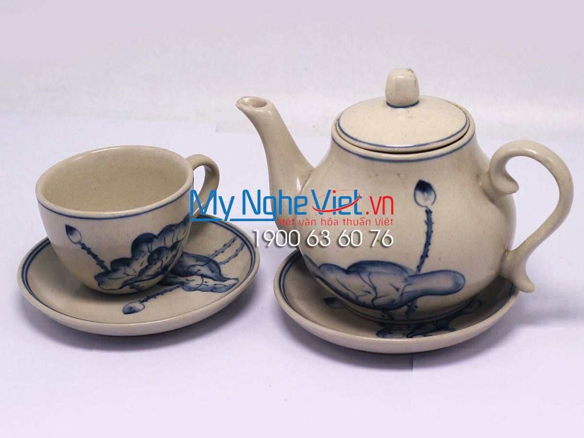 Bộ bình trà men rạn (ấm trà cổ) cốc nhỏ vẽ sen MNV-BT84