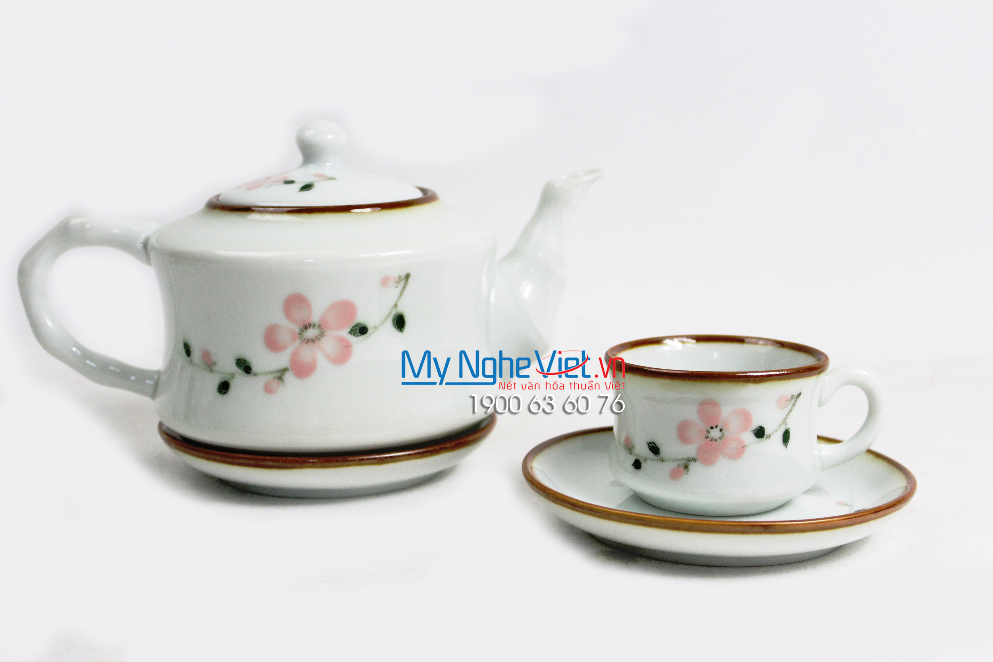 Bộ bình trà cao cấp men trắng vẽ hoa đào đỏ MNV-TS496 (HÀNG ĐẶT)