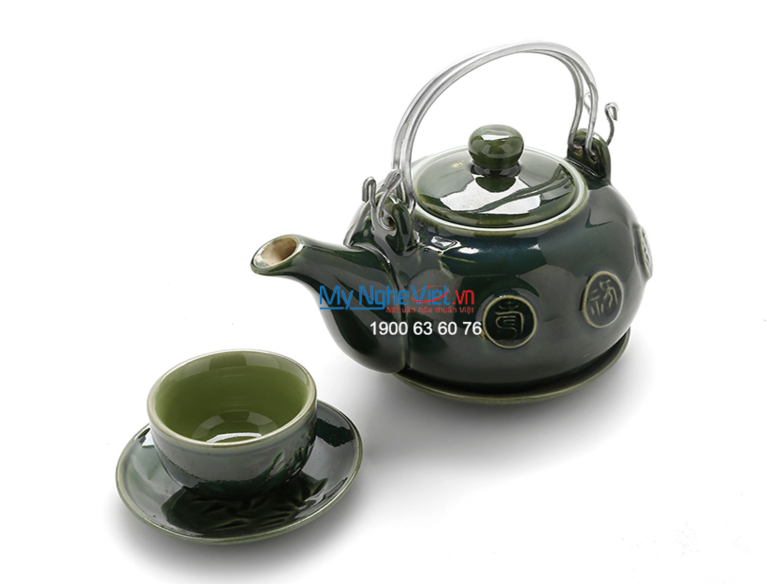 Bộ bình trà Bát Tràng tre xanh đồng MNV-TS487