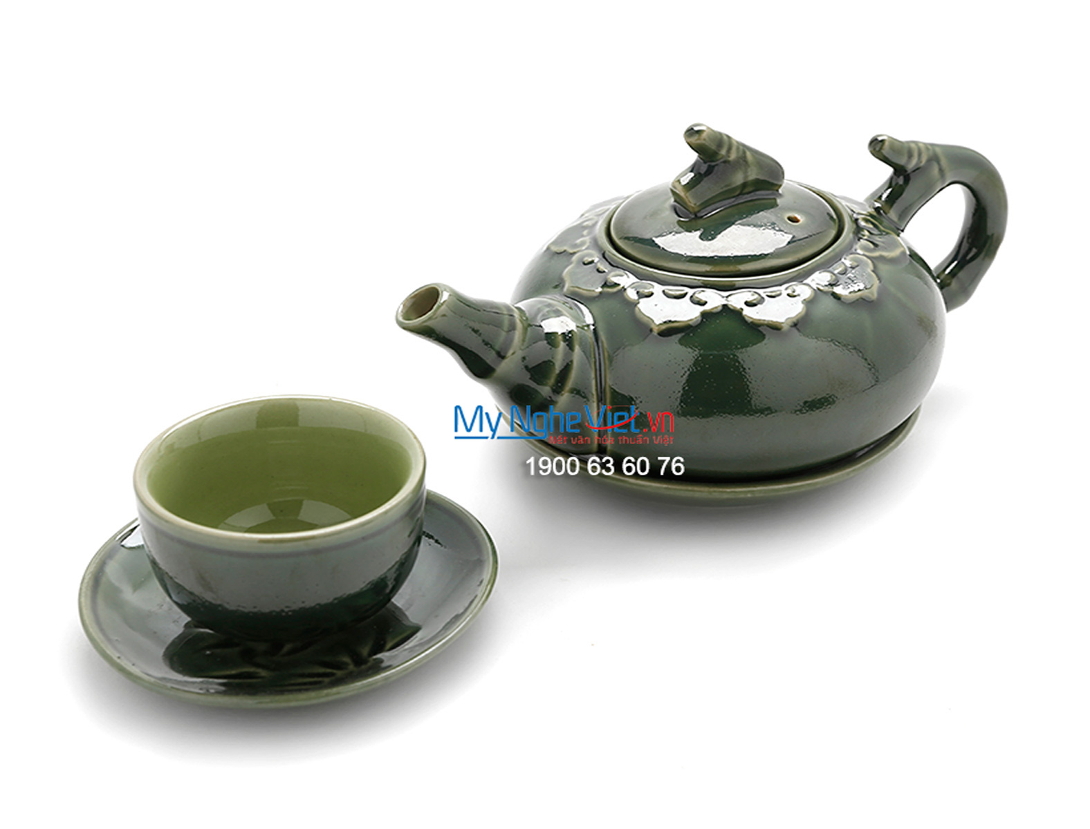 Bộ bình trà Bát Tràng men bóng hoa văn xanh đồng MNV-TS488