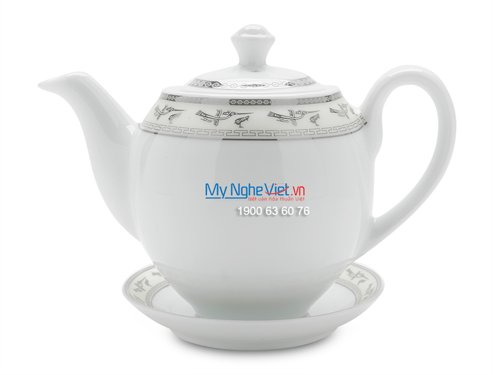 Bộ bình trà men trắng vẽ hạc viền chỉ bạc MNV-TS469 (TẠM HẾT HÀNG)