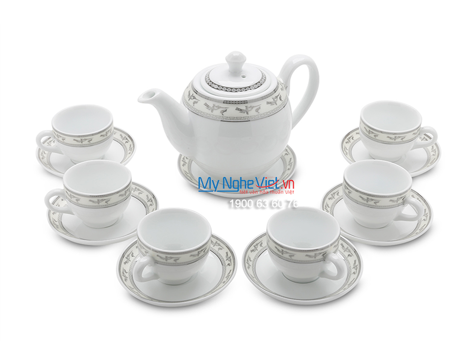 Bộ bình trà men trắng vẽ hạc viền chỉ bạc MNV-TS469 (TẠM HẾT HÀNG)