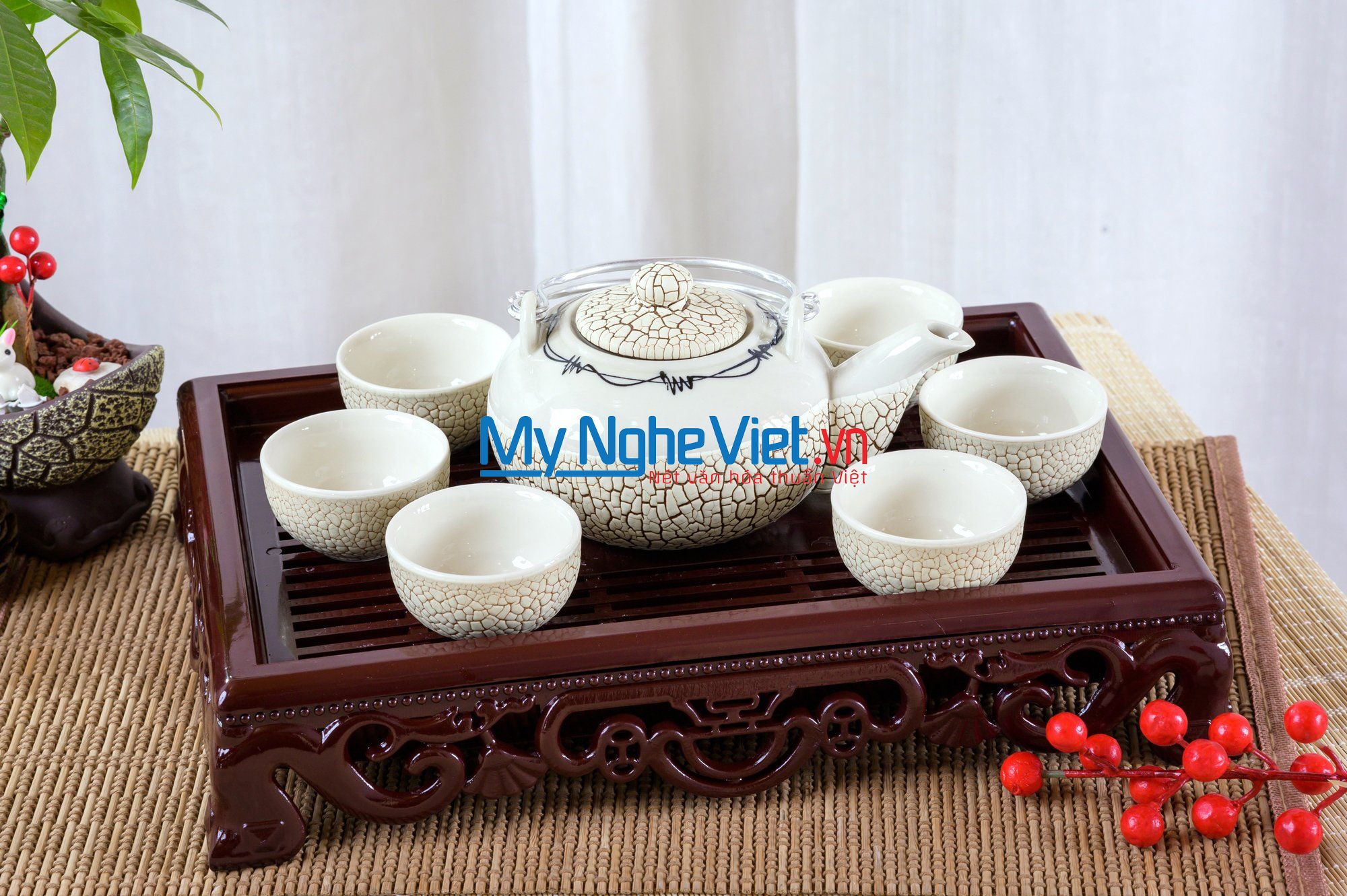 Bộ bình trà ( Ấm chén ) men rạn trứng trắng MNV-BT203/2 (HÀNG ĐẶT)