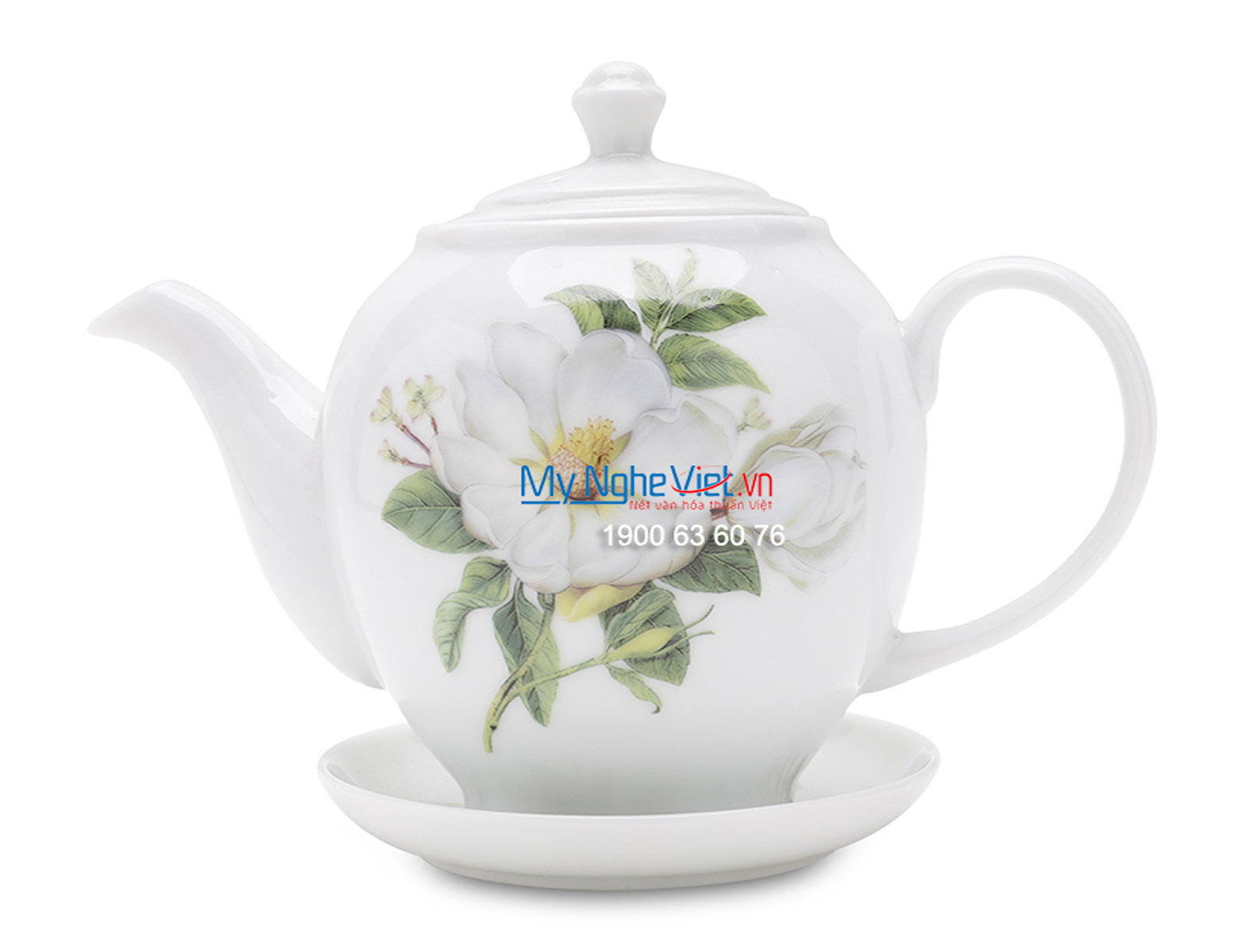 Bộ Bình Trà Bát Tràng Men Trắng vẽ hoa trà MNV-TS005