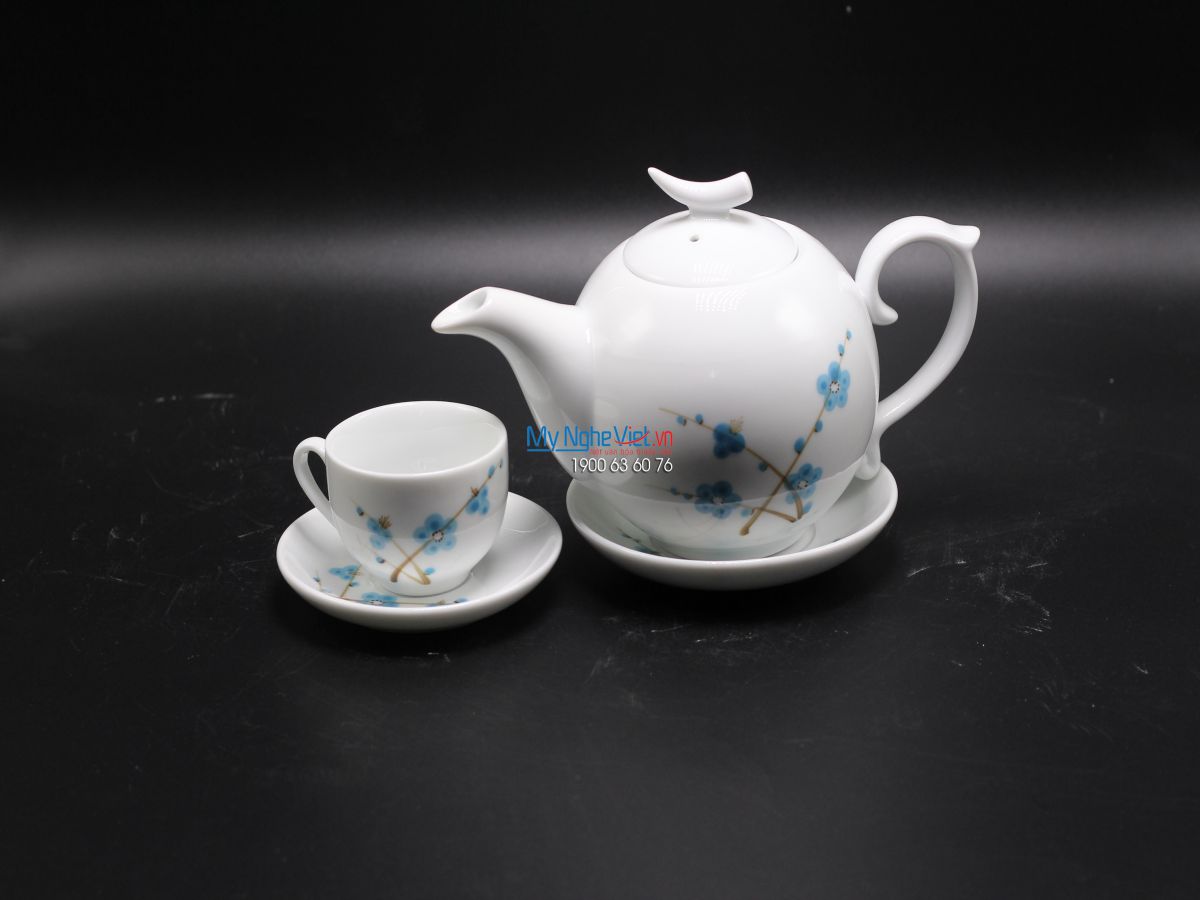 Bộ bình trà men trắng vẽ hoa đào xanh MNV-TS540-1