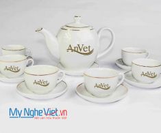 Bộ ấm trà ( ấm chén ) men trắng viền chỉ vàng kim  MNV-TS071 - AnVet